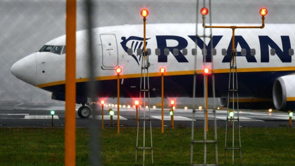 Front part of Ryanair plane on ground at Ciampino airport, Italy