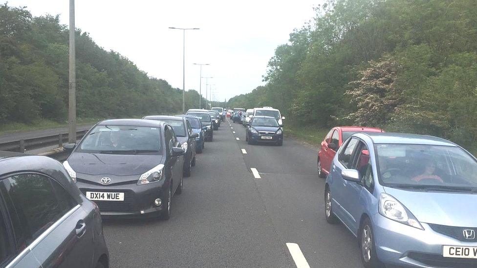 Cars queuing on the A4232