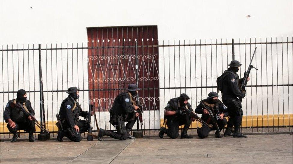 Members of Nicaragua's Special Forces are seen next to a church during clashes with anti-government protesters in the indigenous community of Monimbo in Masaya, Nicaragua July 13, 2018