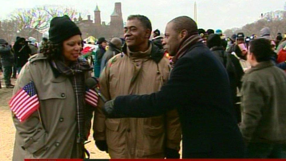 Clive Myrie reporting on Barack Obama's US presidential win in Washington