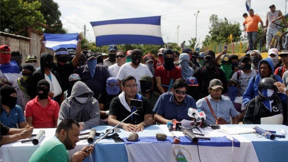 Members of the "19 de Abril" (April 19) movement give a news conference in Masaya, Nicaragua, June 18, 2018.