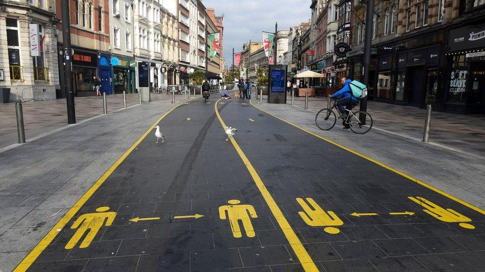 Social distancing signs in the centre of Cardiff