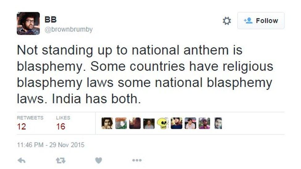 U cn disagree wth the practice of National Anthem being played befre movies.But if it is played, n u choose not to stand,u r n anti national