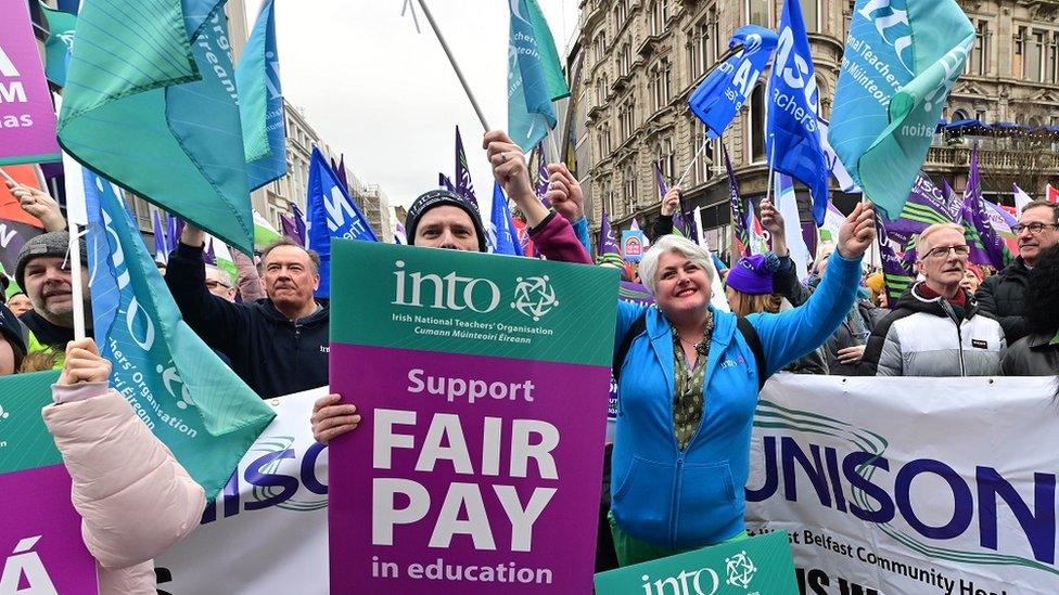 Thousands of workers in the education and health sectors in Northern Ireland took part in strike action in February