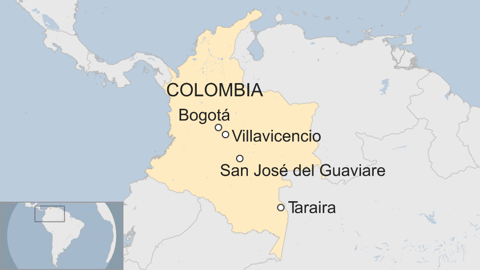 A map of Colombia, showing Bogotá, Villavicencio, San José del Guaviare and Taraira