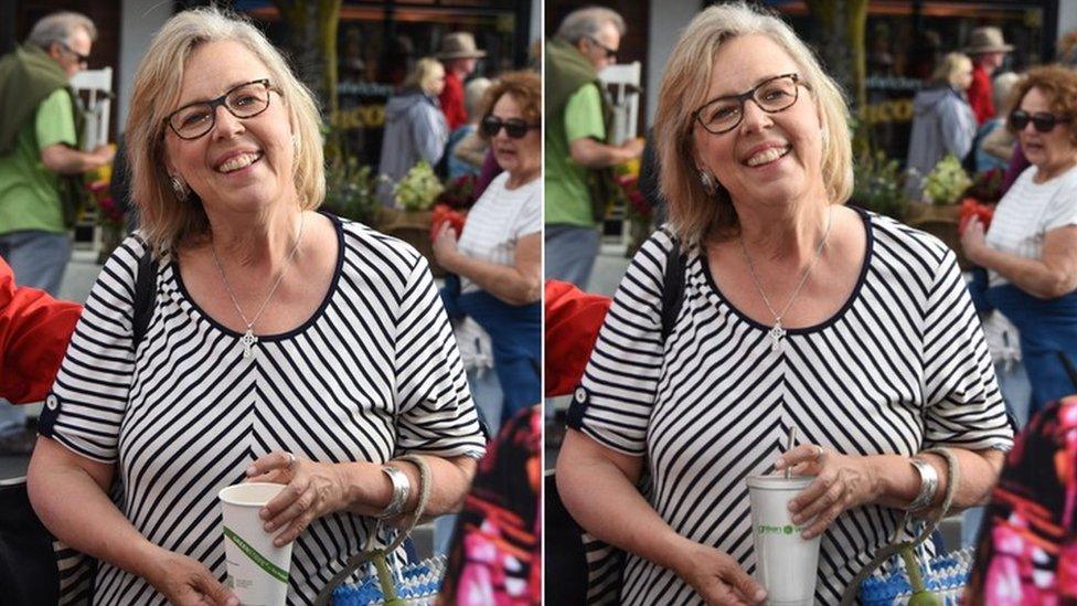 The original photo on the left shows Elizabeth May holding a compostable cup and the edited image on the right shows her holding a plastic reusable cup