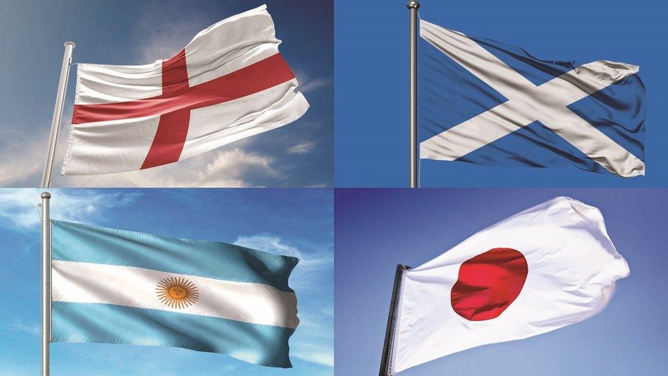 England, Scotland, Argentina, Japan flags