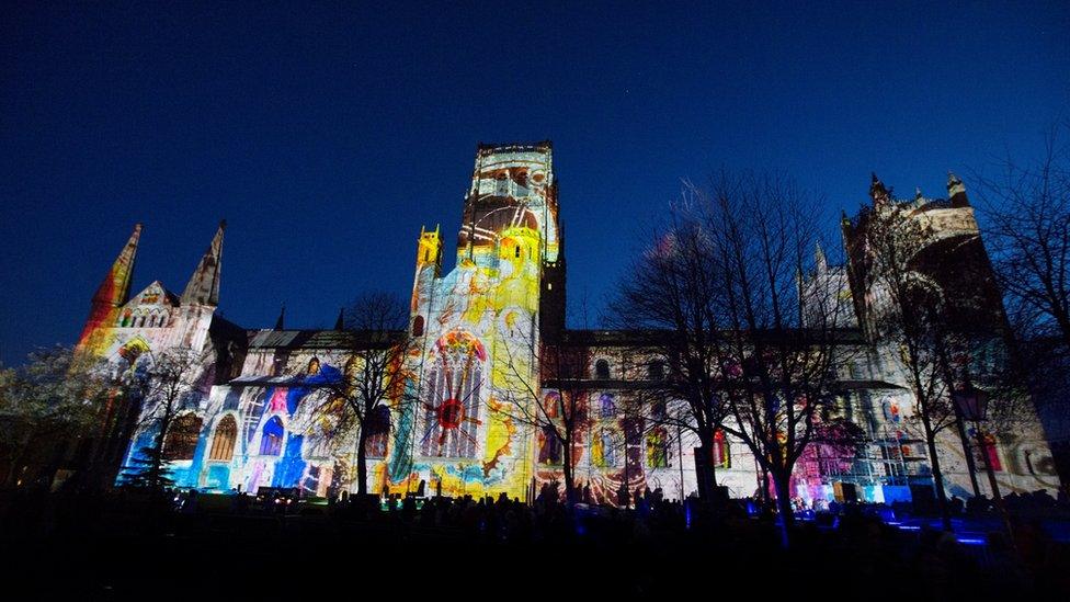 Durham Cathedral lit up during the Lumiere festival