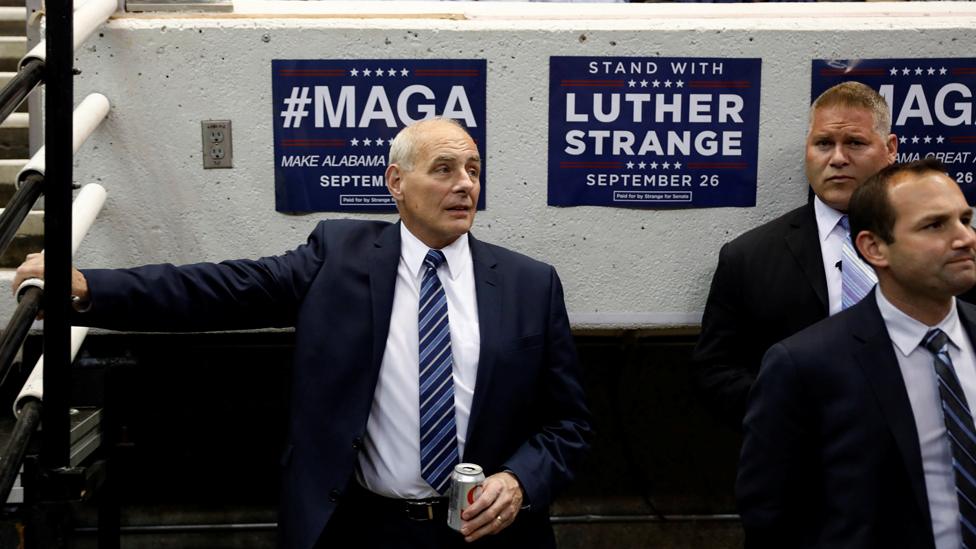 White House Chief of Staff John Kelly looks on as US President Donald Trump speaks at a campaign rally for Senator Luther Strange in Huntsville, Alabama, U.S. September 22, 2017.