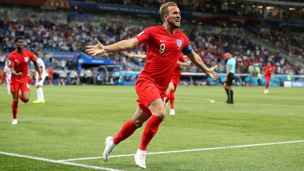 Harry Kane celebrates winning second goal against Tunisia