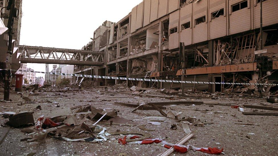 The scene of devastation in Manchester City Centre following the bomb attack in 1996