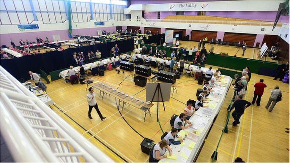 Vote counters in the Valley Leisure Centre, Newtownabbey