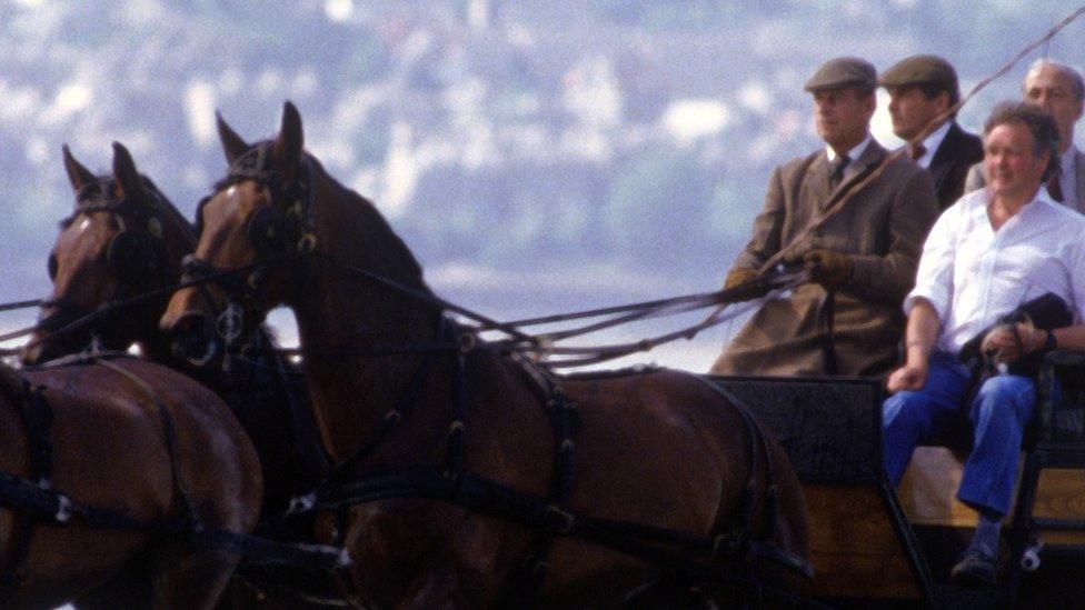 Prince Philip riding across Morecambe Bay in 1985