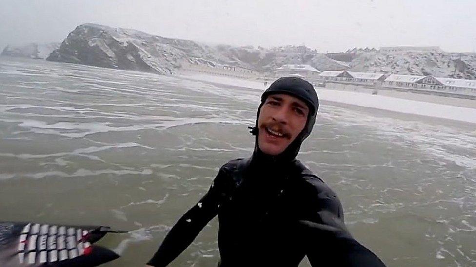 Simon Shields saw the snow storms in Cornwall as a chance to hit the waves.