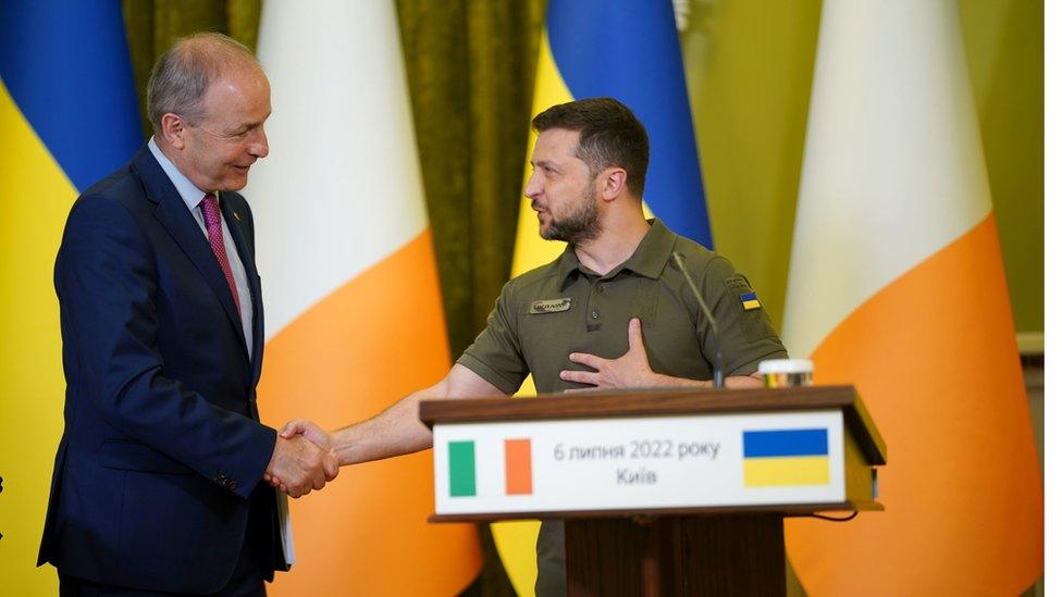 Ukrainian President Volodymyr Zelensky with Taoiseach Micheal Martin during a joint press conference at the Ukrainian Government Building in Kyiv, Ukraine