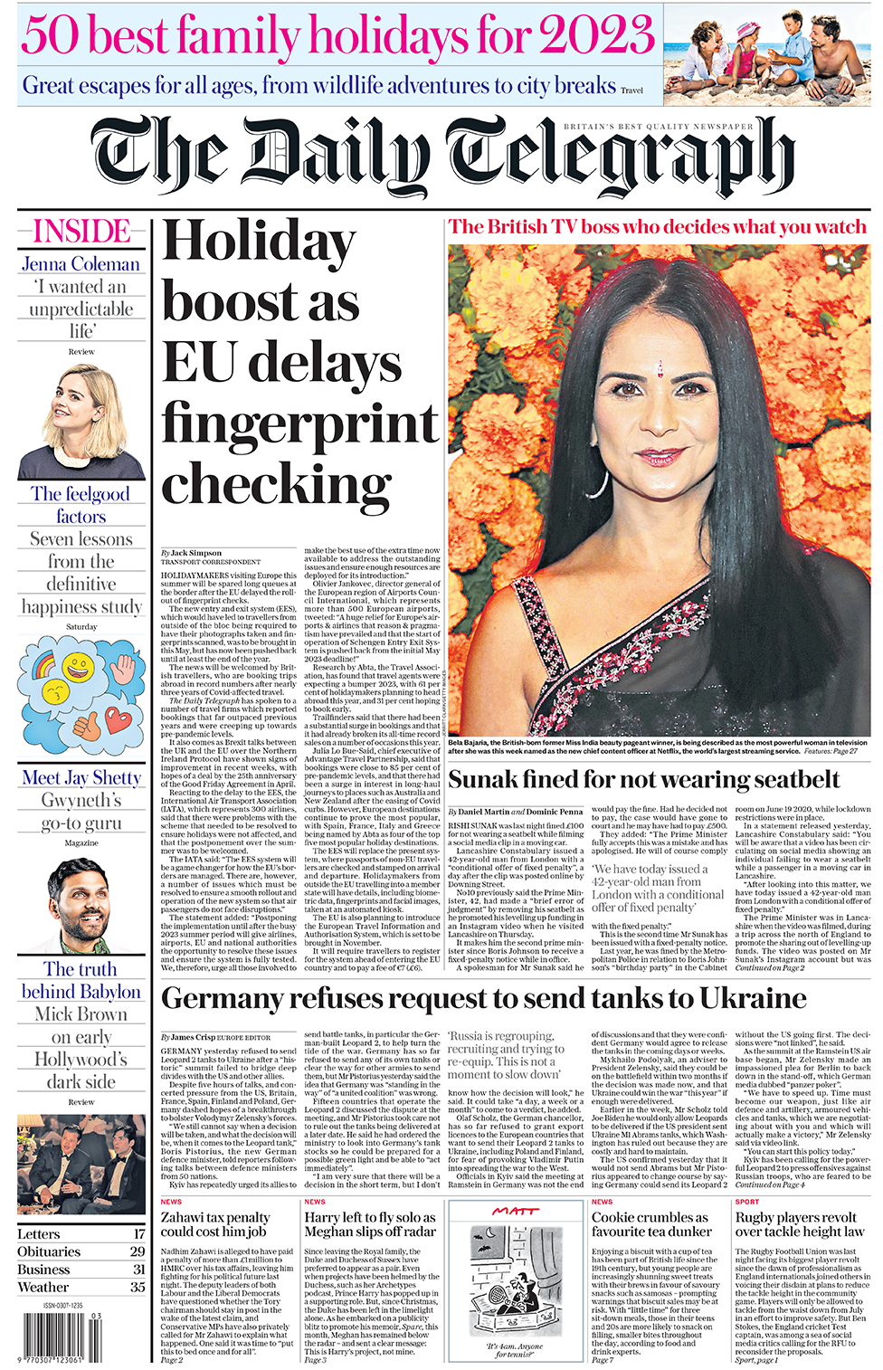 The Daily Telegraph has a picture of Bela Bajaria, British born former Miss India beauty pageant winner, being described as the most powerful woman in television after being named as the new chief content officer at Netflix