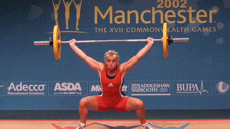 Non Evans competing for Wales in weightlifting at the 2002 Commonwealth Games