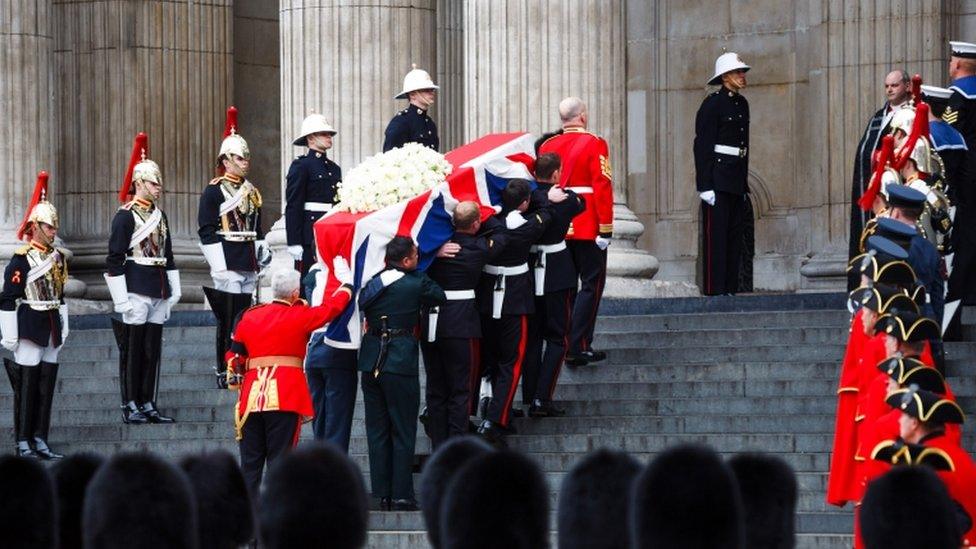 Bearer Party carry the coffin of Baroness Thatcher following funeral service at St Pauls Cathedral