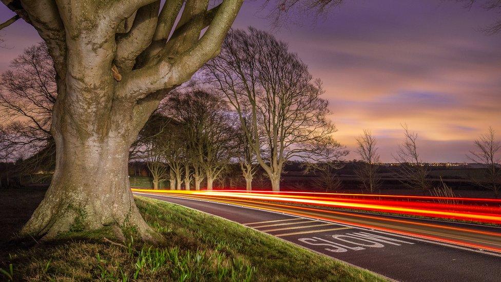 Light trails along the B3082 in Wimborne, Dorset