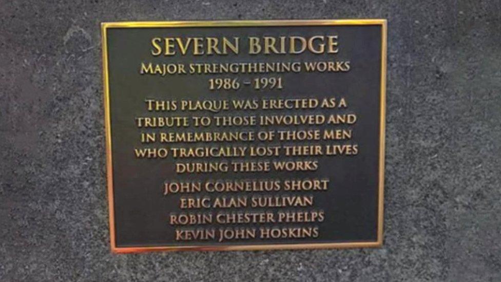 A memorial plaque to four men who died while working on the Severn Bridge