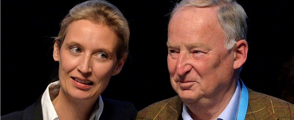 Alice Weidel (L) and Alexander Gauland (R) on stage at an AfD conference after their appointment as election campaign leaders