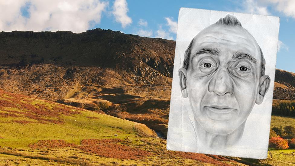 Dove Stone in Peak District - and artist impression of mystery man whose body was found there in December 2015