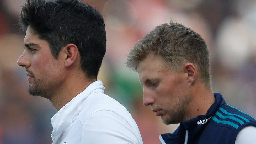 Cook, left, was visibly hurt by a 4-0 series defeat in India. Here he is with Joe Root - the man favourite to be his successor