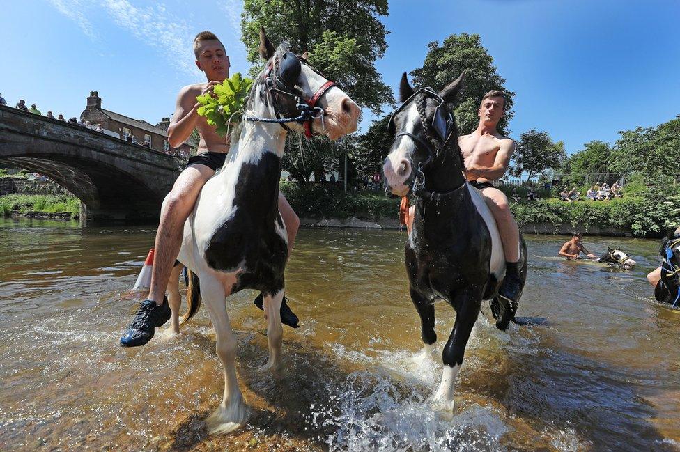 People riding horses in the river Eden