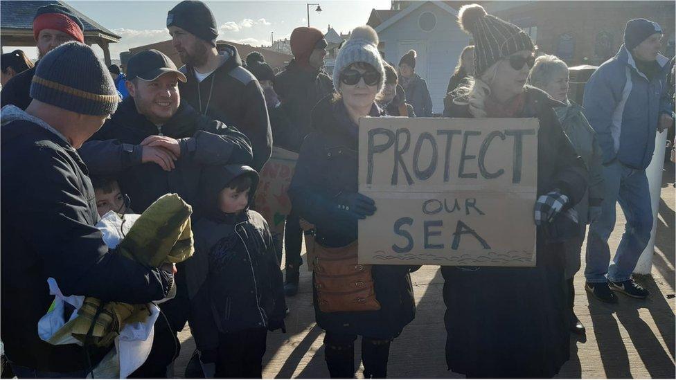 A woman holds a sign saying 'protect our sea'