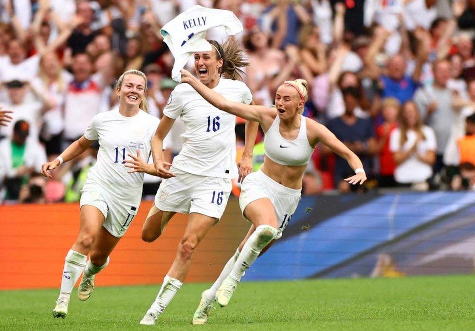 England's Chloe Kelly celebrates scoring their second goal with Jill Scott and Lauren Hemp