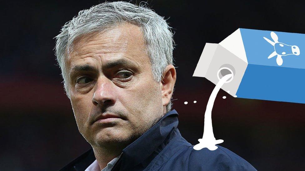 Manchester United manager Mourinho looks behind him. Newsround has added cartoon milk being poured on his shoulder.