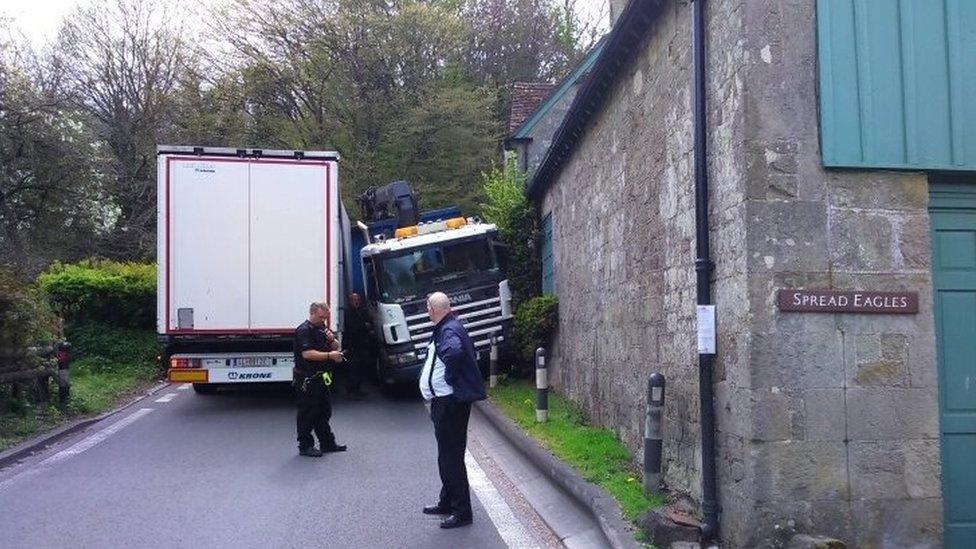 Two lorries stuck on the road through Melbury Abbas