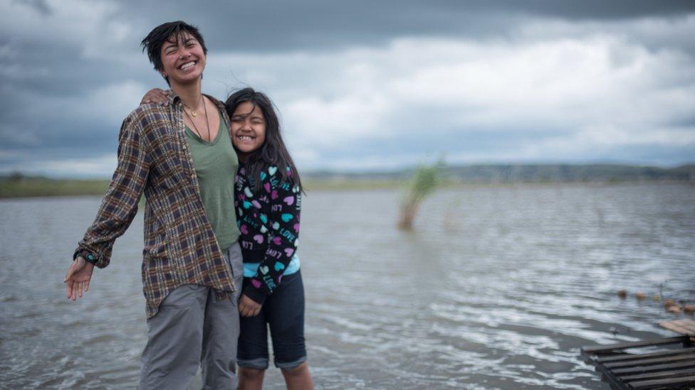 Amihan, 19, pictured here with a friend she made in the Sacred Stone Camp