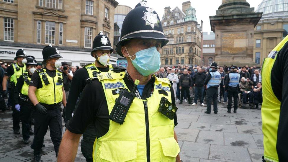 Police at a Black Lives Matter protest at Grey's Monument, Newcastle