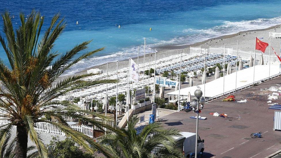 Personal belongings lay on the ground at the scene where a truck mowed through Bastille Day revellers in Nice