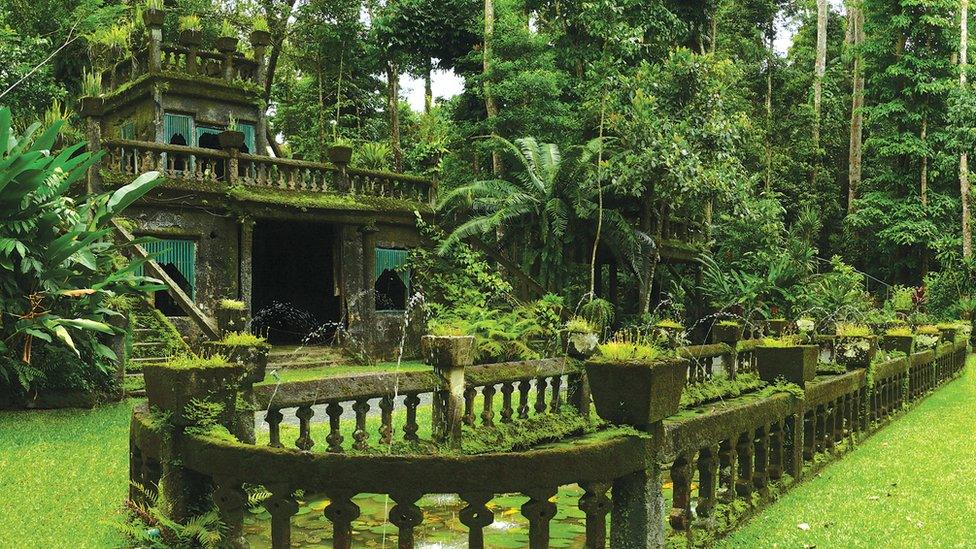 The castle at Paronella Park, seen matted in moss and surrounded by rainforest