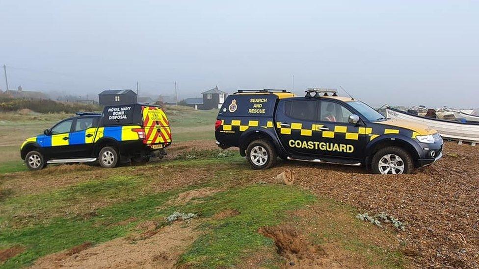 Coastguard and Royal Navy teams attending the suspected bomb on Sizewell beach