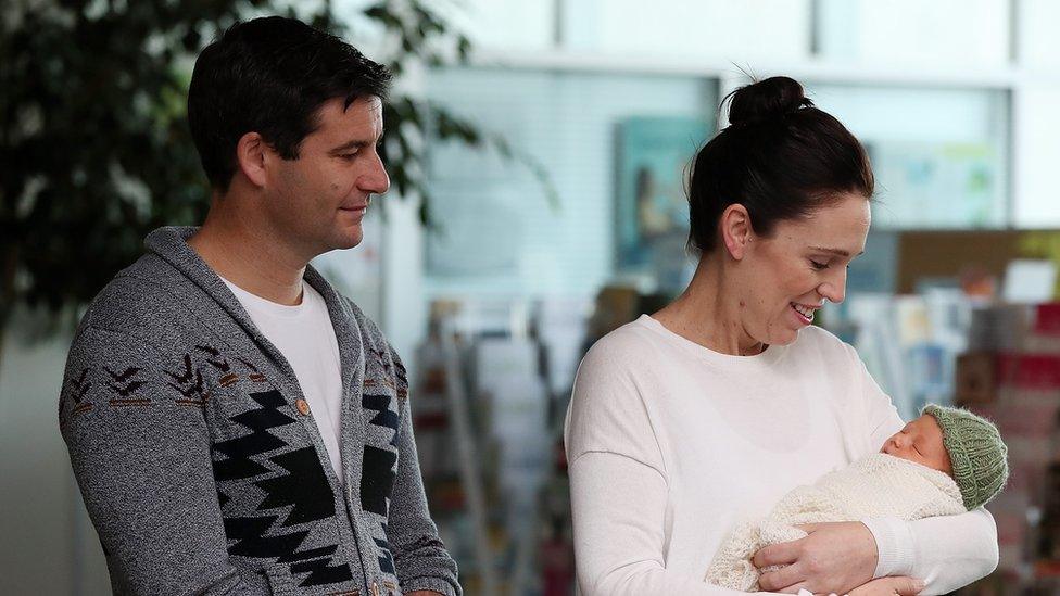 Jacinda Ardern and partner Clarke Gayford with their daughter Neve Te Aroha Ardern Gayford