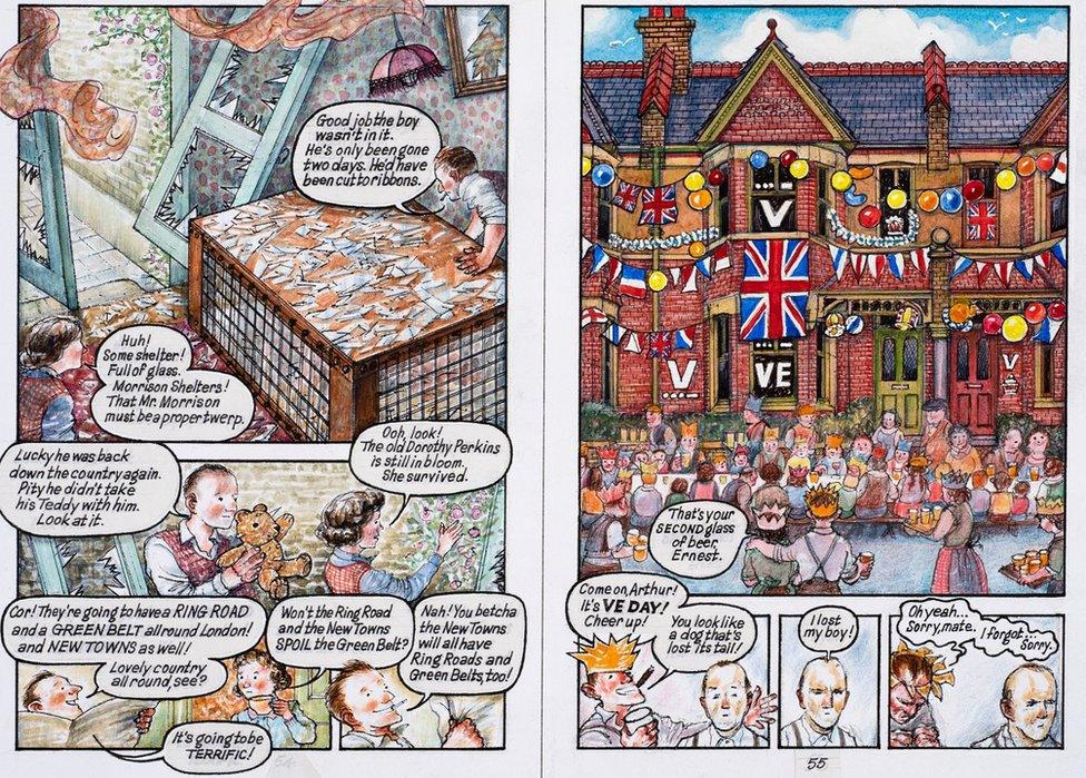 A double page spread showing a colourful VE Day party from Ethel and Ernest