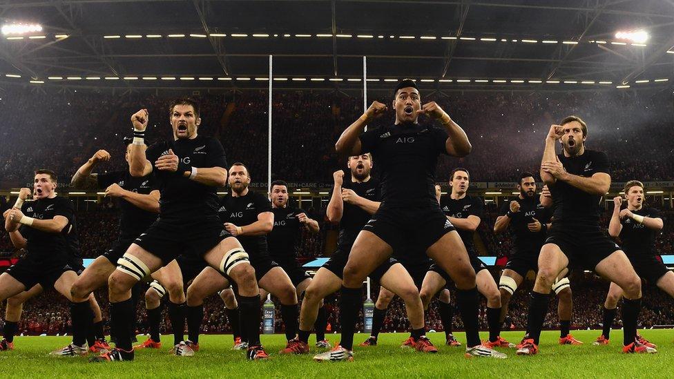 The New Zealand rugby team perform the haka before a game against Wales in Cardiff