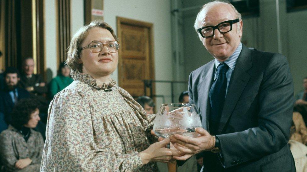 The 1978 winner Rosemary James being presented with the trophy by Bill Cotton, the BBC's head of light entertainment