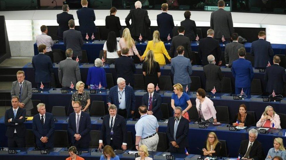 Brexit Party MEPs turning their backs at the European Parliament