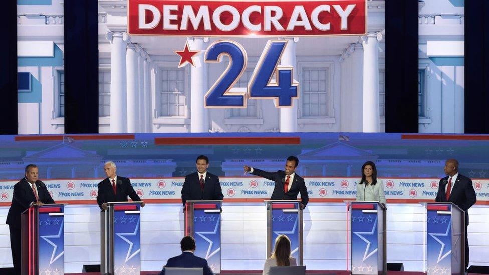 The candidates on stage at the first debate in Wisconsin