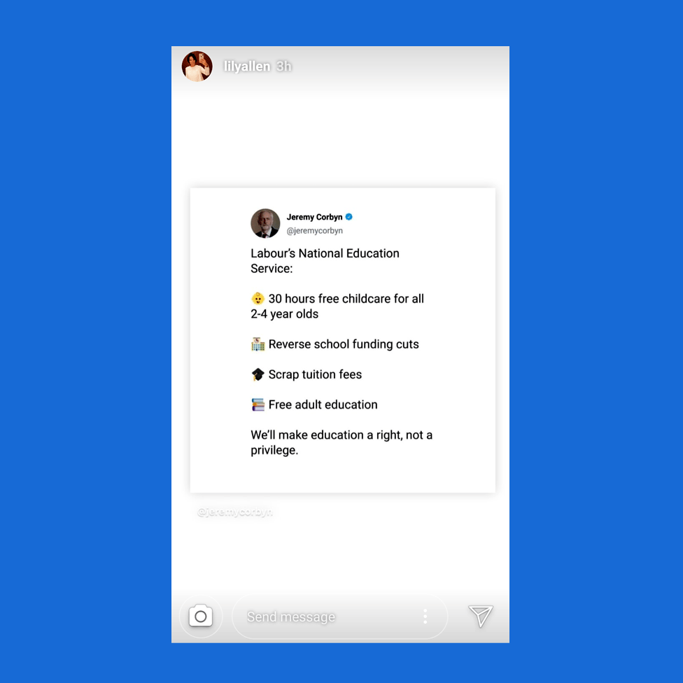 Screenshot of Lily Allen's Twitter sharing Corbyn tweet about Labour's proposal for a National Education Service
