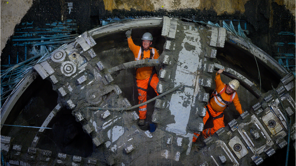 HS2 tunnellers operating at tunnel boring machine celebrate breaking through into the Old Oak Common Box