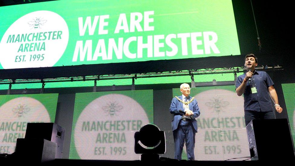 Andy Burnham (right) at the reopening of Manchester Arena in September 2017