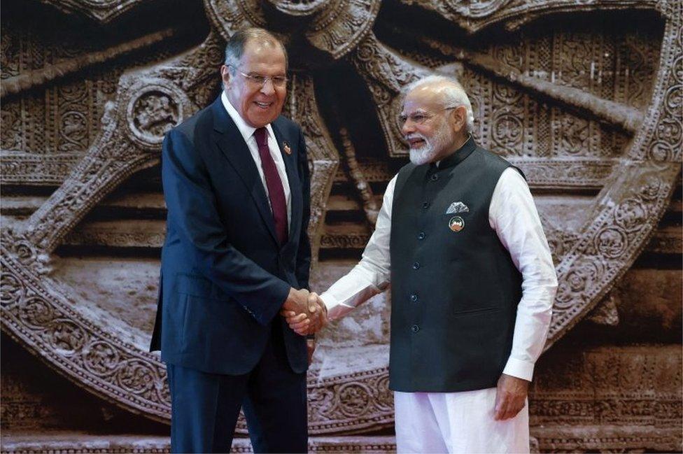 Indian Prime Minister Narendra Modi welcomes Russian Foreign Minister Sergei Lavrov upon his arrival for the G20 Summit in New Delhi, India September 9, 2023.