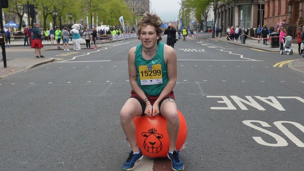 women on space hopper marathon bbc