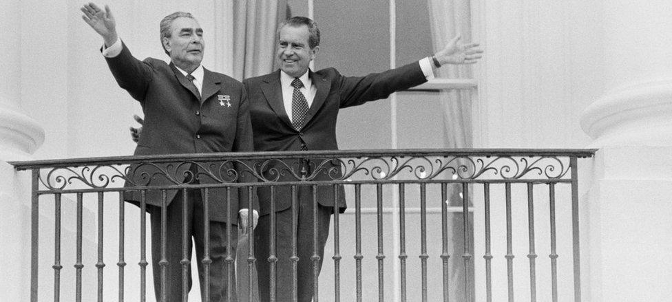 Cold War-era President Leonid Breshnev with President Richard Nixon in June 1973