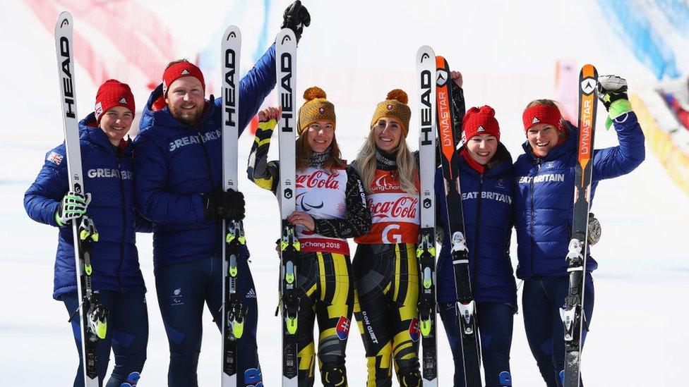 Silver Medalists Millie Knight and her Guide Brett Wild of Great Britain, Gold Medalists Henrieta Farkasova and her guide Natalia Subrtova of Slovakia and Bronze Medalists Menna Fitzpatrick and her guide Jennifer Kehow of Great Britain pose during the victory ceremony during day two of the PyeongChang 2018 Paralympic Games on March 11, 2018 in Pyeongchang-gun, South Korea.